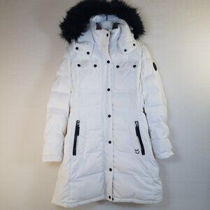 Calvin Klein Womens Long Down Coat White LARGE Black Faux Fur Trim Heavy Warm